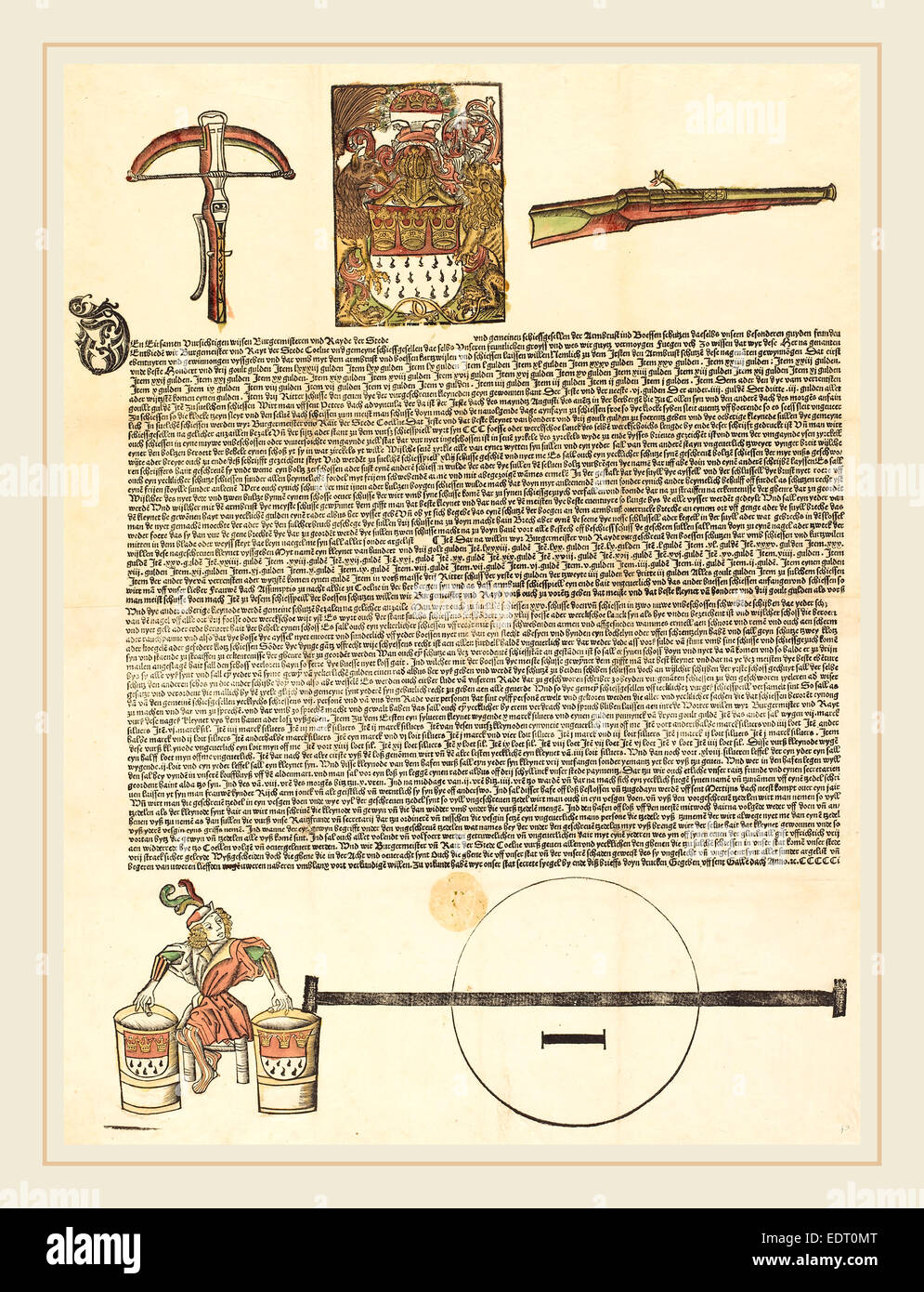 Deutsche 16. Jahrhundert Breitseite: eine Einladung zu einem armen Wettbewerb, in oder nach 1501, Holzschnitt, handkolorierten, mit beweglicher Art Stockfoto