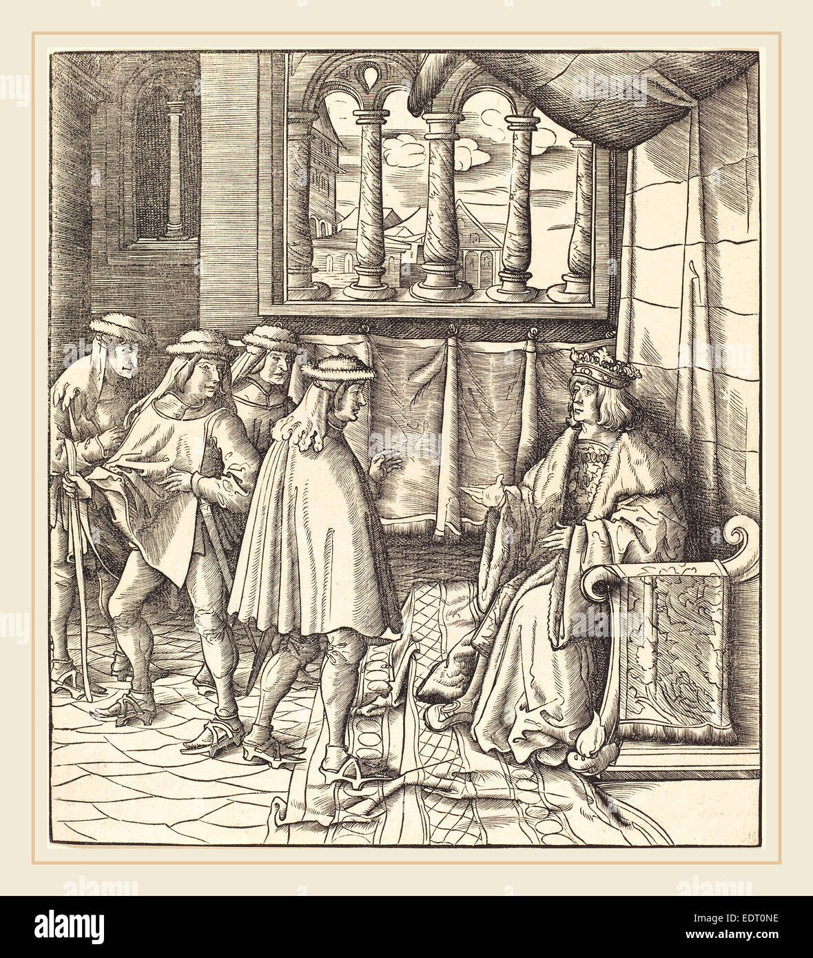 Leonhard Beck (Deutsch, ca. 1480-1542), ein König auf einem Thron, vor ihm vier Männer, 1514-1516, Holzschnitt Stockfoto