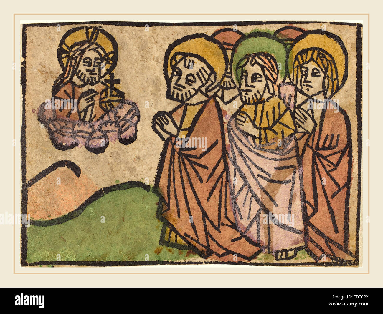 Deutsche 15. Jh., Christus erscheint den Aposteln, c. 1460-1470, Holzschnitt, handkolorierten in venezianischen rot, grün, Lavendel Stockfoto