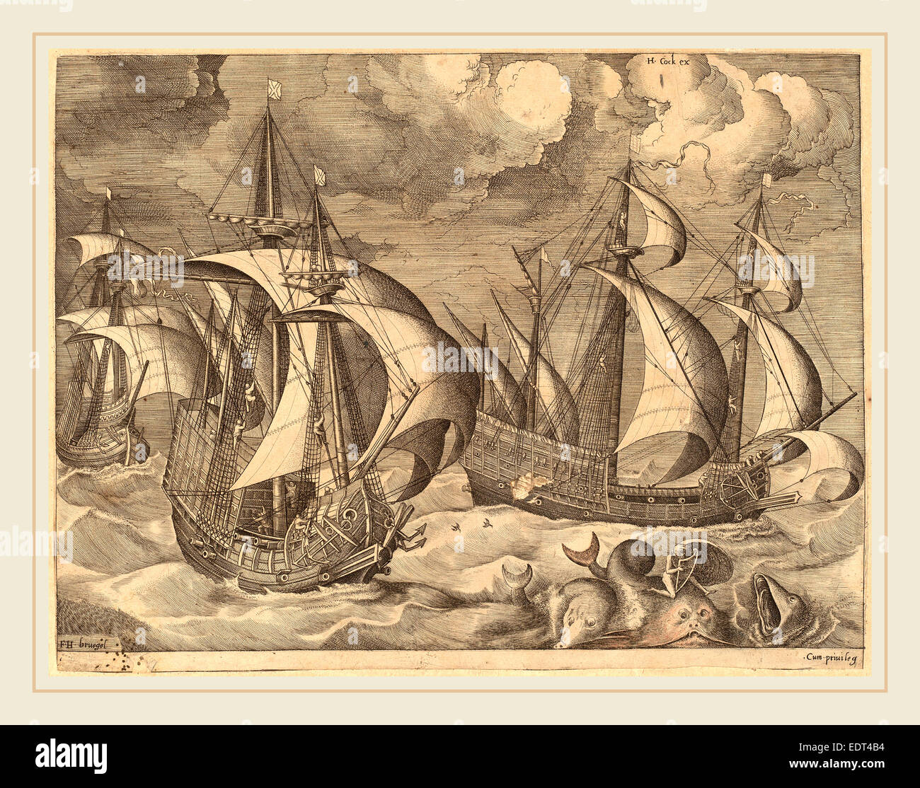 Frans Huys nach Pieter Bruegel der ältere (Flämisch, 1522-1562), drei Karavellen in eine steigende mit Adrion auf einem Delphin, 1565 Squall Stockfoto