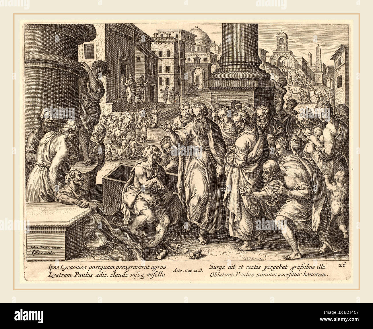 Philipp Galle nach Jan van der Straet (Flämisch, 1537-1612), Saint Paul Heals Lahmen in Lystra, Gravur Stockfoto