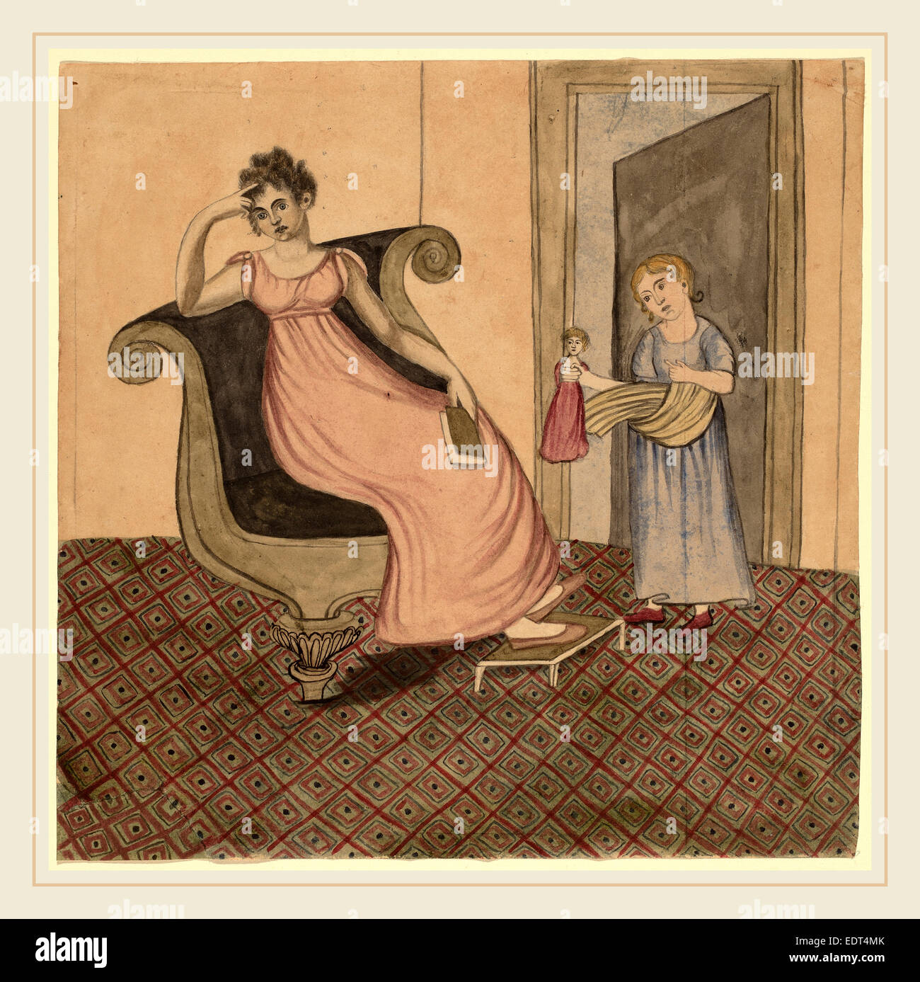 Eunice Pinney, Mutter und Kind, American, 1770-1849, c. 1815, Feder und schwarzer Tinte und Aquarell Stockfoto