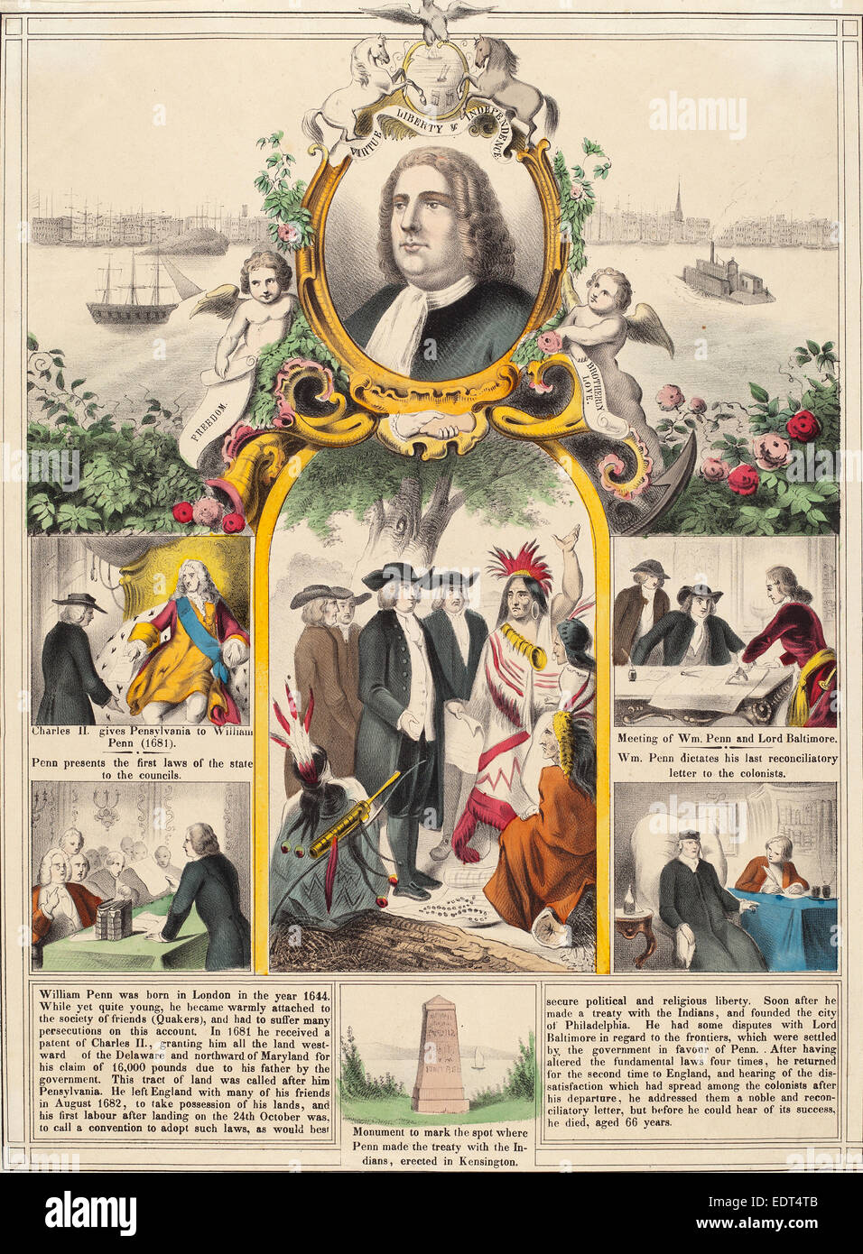 Amerikanischen 19. Jahrhundert, William Penn Geschichte, handkolorierten Lithographie Stockfoto