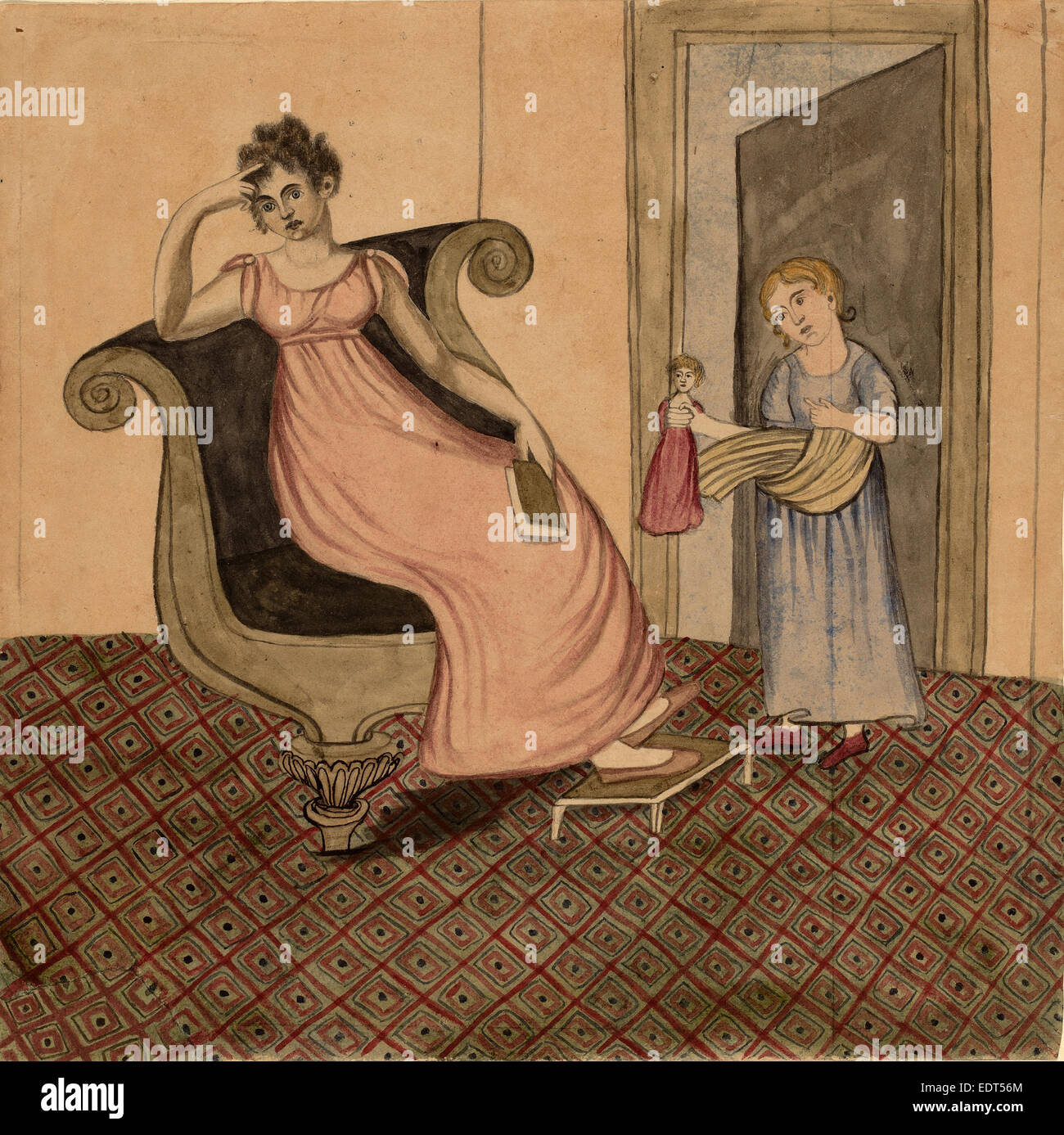 Eunice Pinney, Mutter und Kind, American, 1770-1849, c. 1815, Feder und schwarzer Tinte und Aquarell Stockfoto