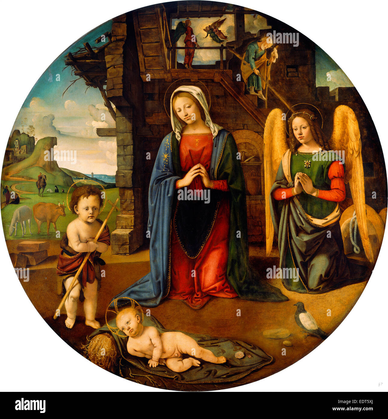 Piero di Cosimo, die Geburt Christi mit Kleinkind Saint John, Italienisch, 1462-1521, um 1500, Öl auf Leinwand Stockfoto