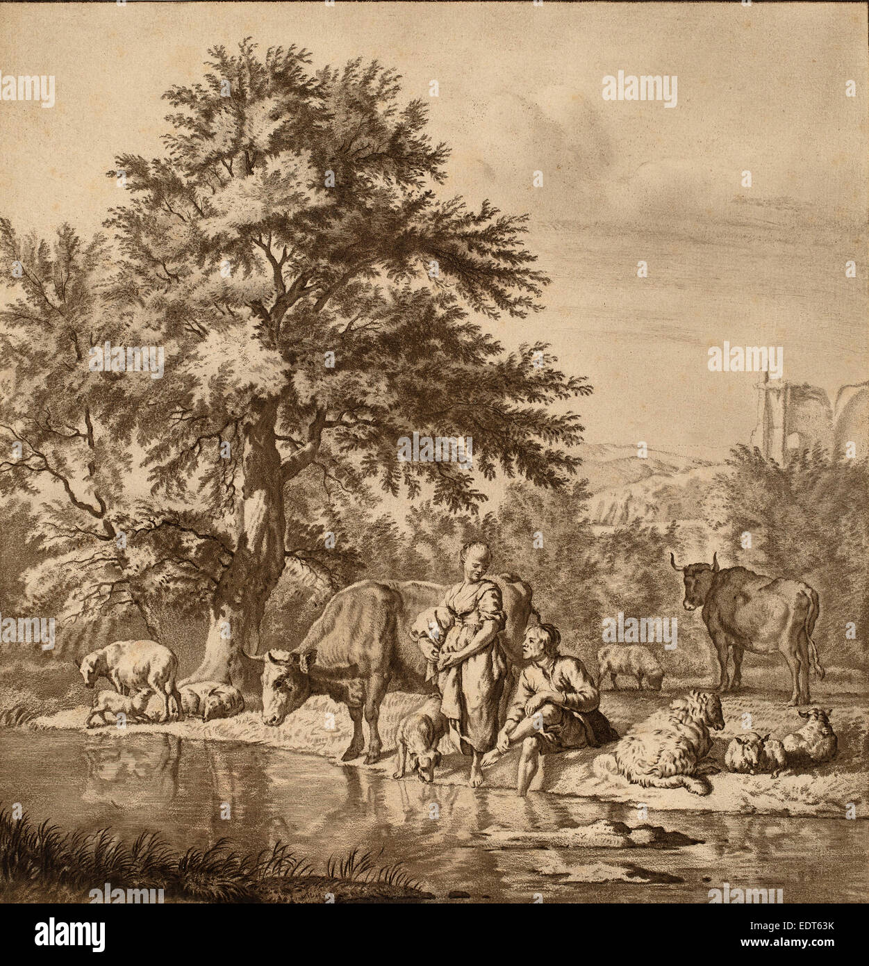 Cornelis Ploos van Amstel nach Adriaen van de Velde (Niederländisch, 1726-1798), Schäfer und Schäferin mit ihrer Herde, 1763 Stockfoto