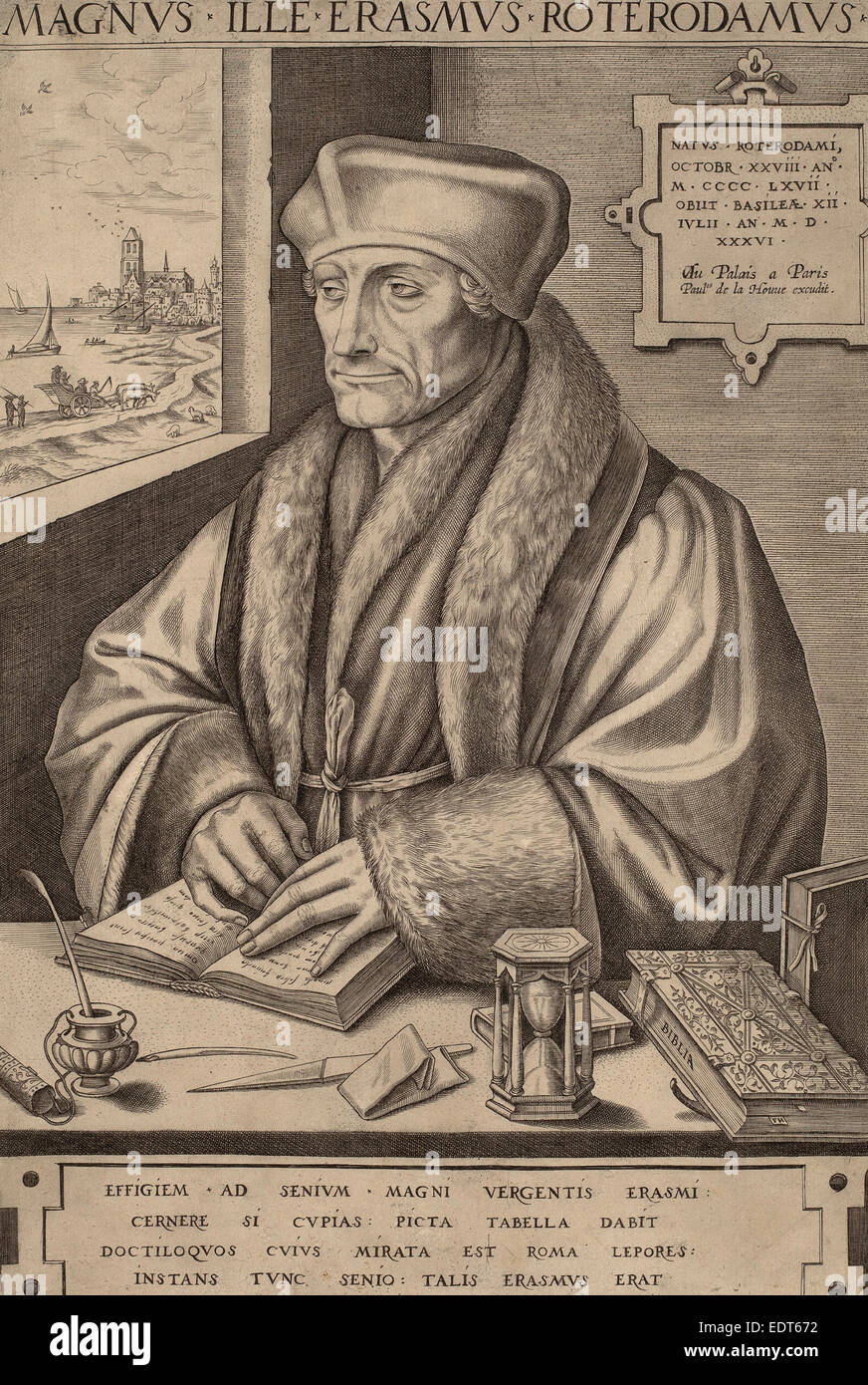 Frans Huys nach Hans Holbein dem jüngeren (Flämisch, 1522-1562), Erasmus von Rotterdam, Gravur Stockfoto