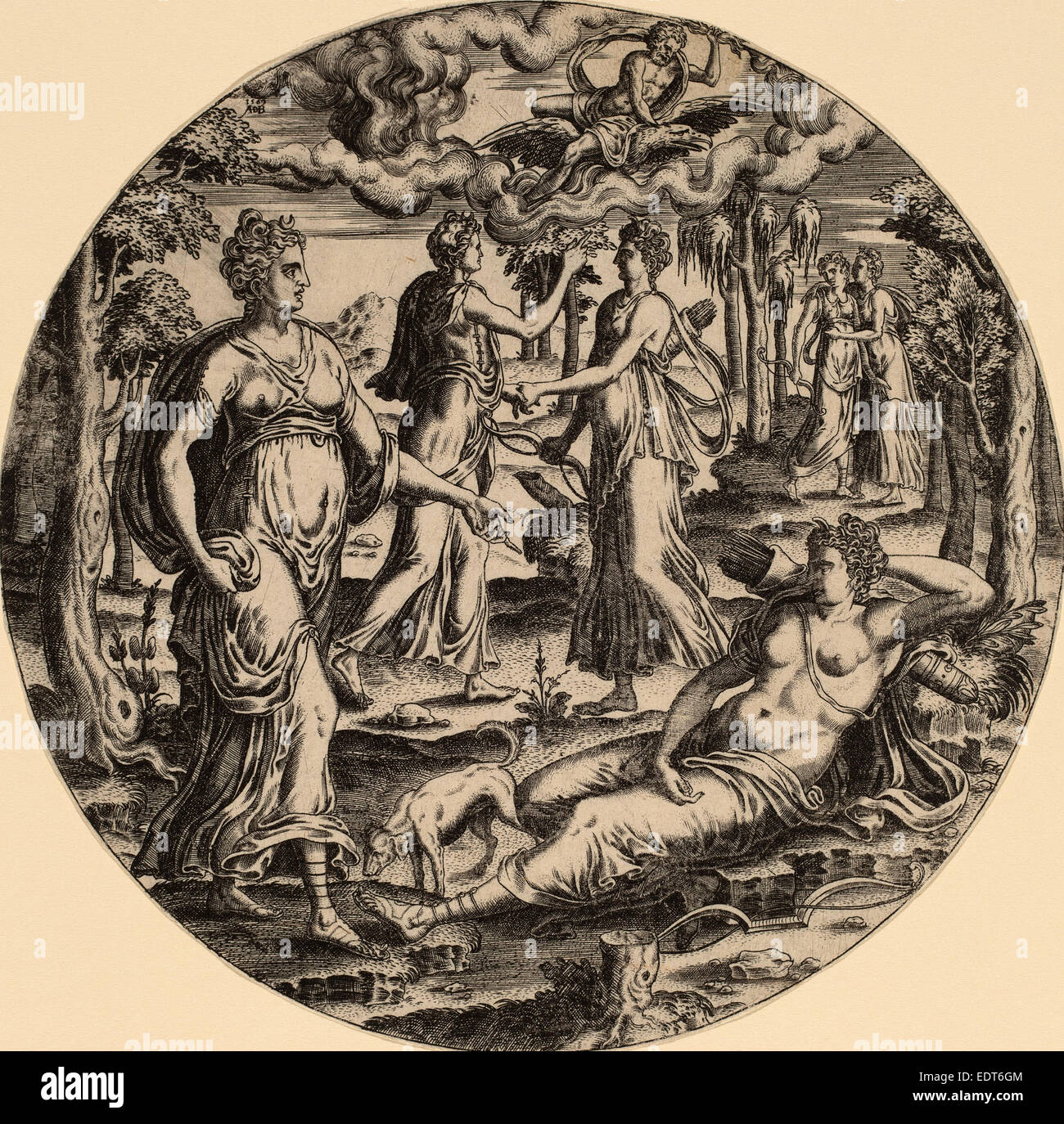 Abraham de Bruyn (Flämisch, 1540-1587), Diana und ihre Nymphen in einem Garten, Gravur 1569, Stockfoto