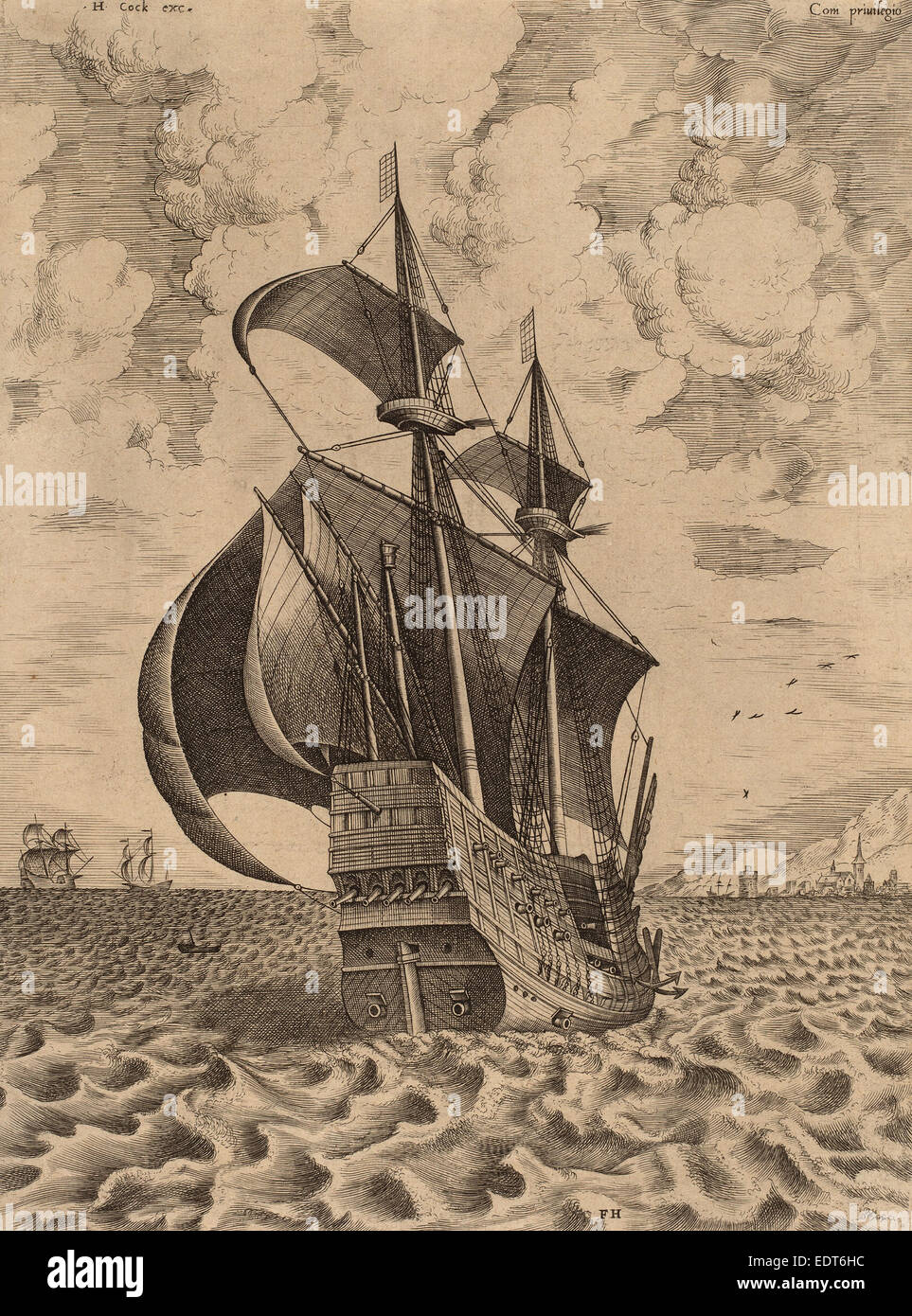 Frans Huys nach Pieter Bruegel der ältere (Flämisch, 1522-1562), bewaffnete Viermastbark Segeln in Richtung eines Hafens, 1565, Gravur Stockfoto