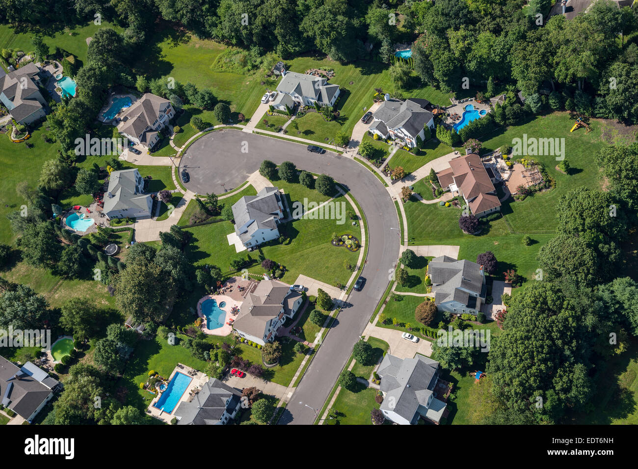 Luftaufnahme von Wohnhäusern In vorstädtischen Cul De Sac Nachbarschaft, New Jersey, USA Stockfoto