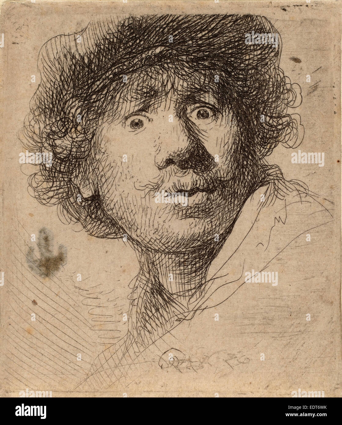 Rembrandt van Rijn (Niederländisch, 1606-1669), Selbstporträt in einer Kappe, mit offenem Mund, 1630, Radierung Stockfoto