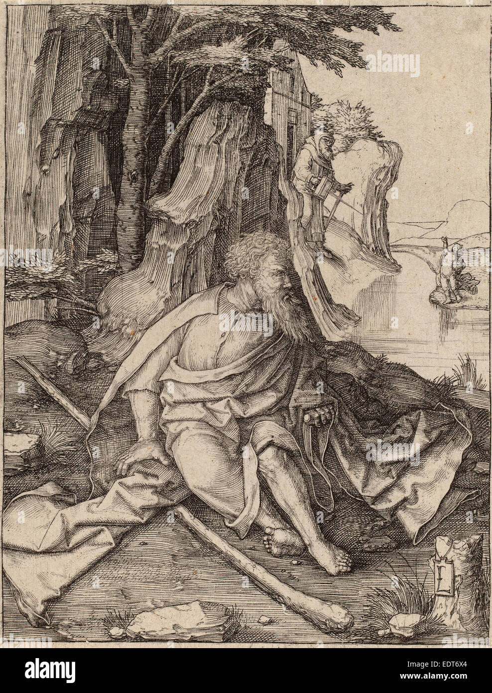 Lucas van Leyden (Niederländisch, 1489-1494-1533), Saint Christopher am Rand eines Flusses, c. 1505 1506, Gravur Stockfoto