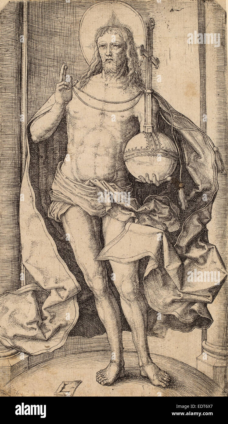 Lucas van Leyden (Niederländisch, 1489-1494 - 1533), der Heiland stehend mit Kugel und Kreuz in seiner linken Hand, c. 1510 Stockfoto