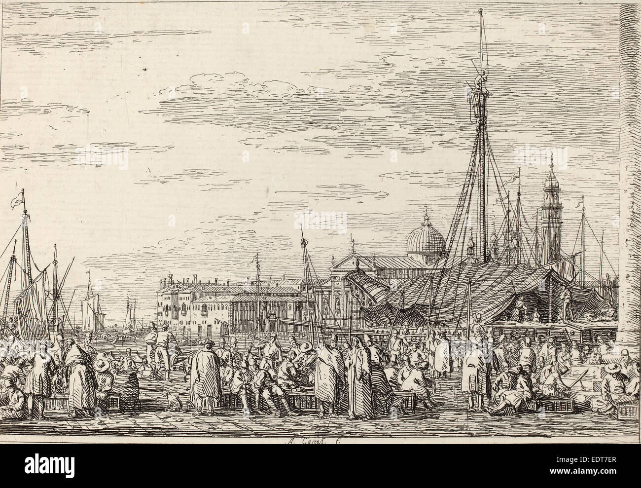 Canaletto (Italienisch, 1697-1768), The Market am Molo, c. 1735-1746, Radierung Stockfoto