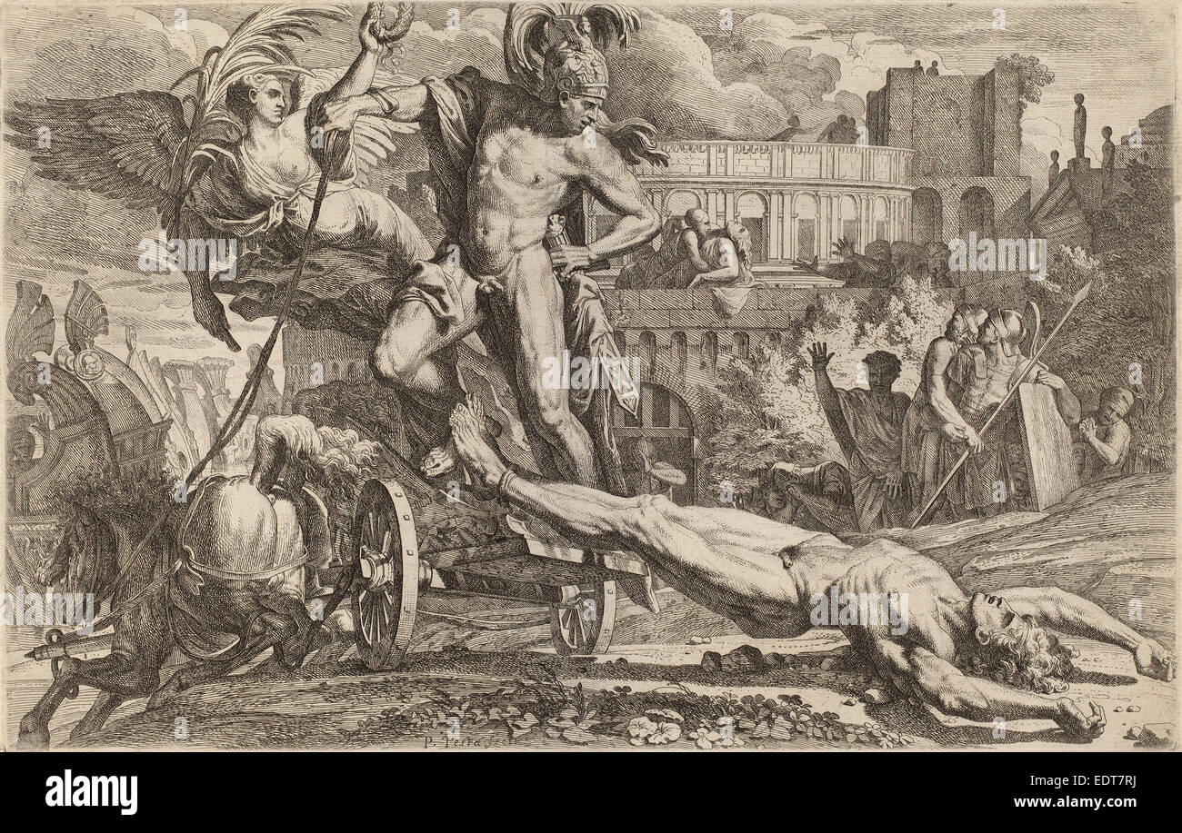 Radierung von Pietro Testa (Italienisch, 1612-1650), ziehen den Körper Hector, Achilles Stockfoto