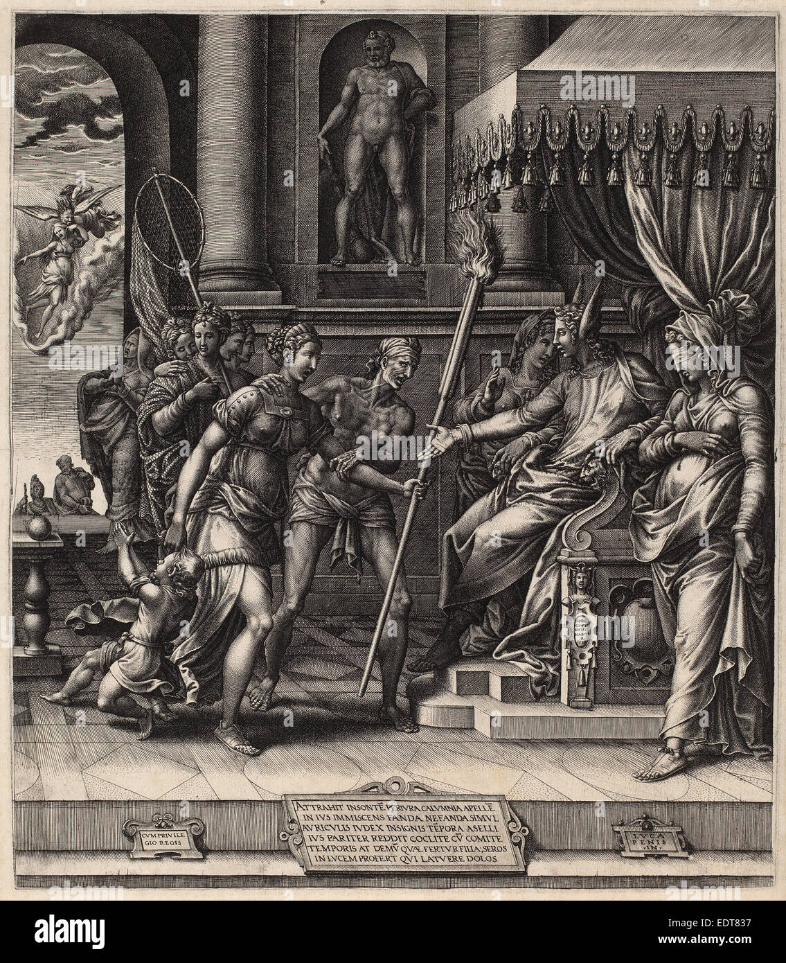 Giorgio Ghisi nach Luca Penni (Italienisch, 1520-1582), die Verleumdung des Apelles, 1560, Gravur auf Bütten Stockfoto