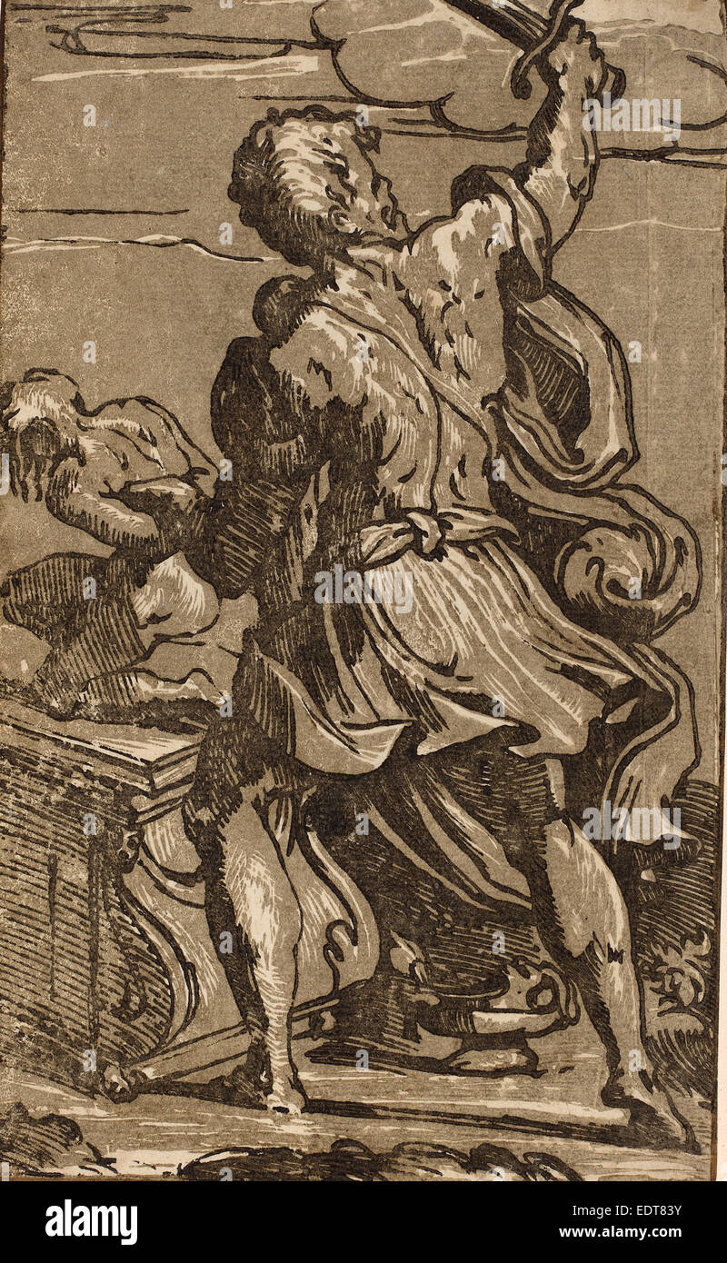 nach Parmigianino, das Opfer des Abraham, hell-dunkel-Holzschnitt in grau und schwarz auf Bütten Stockfoto