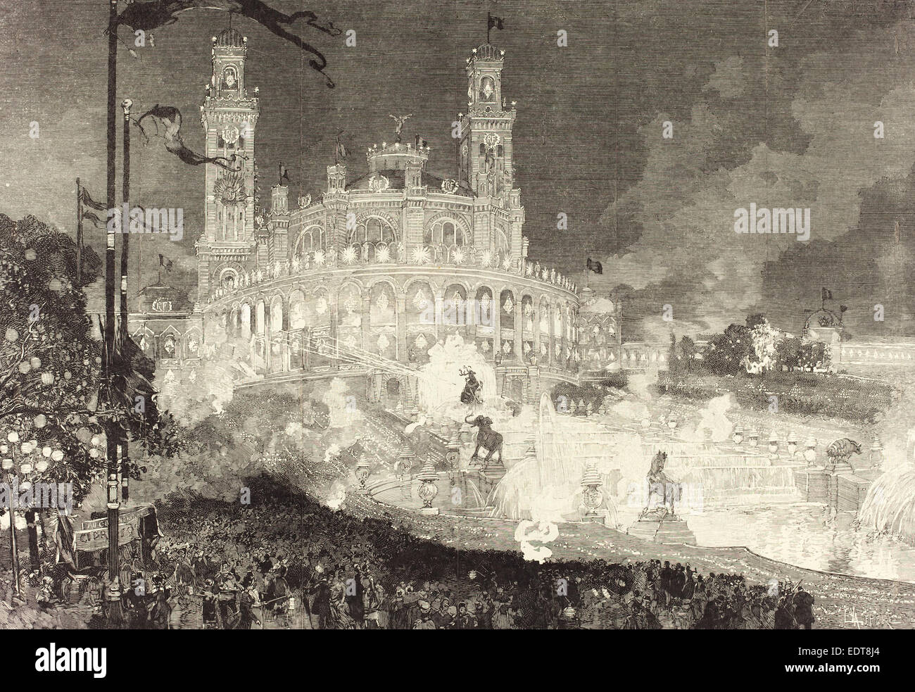 Auguste Lepère (Französisch, 1849-1918), 14 Juillet.  Beleuchtung-du Palais du Trocadéro, 1883, Holz Gravieren Stockfoto