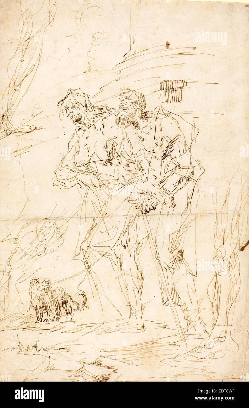 Paul Troger (Austrian, 1698-1762), zwei Bettler mit ihrem Hund, c. 1728, Feder und braune Tinte auf Bütten Stockfoto