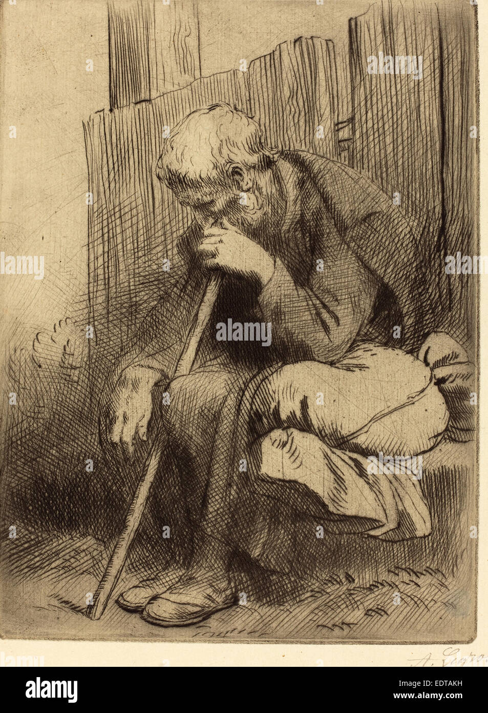 Alphonse Legros, Denker (Le lange), Französisch, 1837-1911, Radierung und Kaltnadelradierung Stockfoto