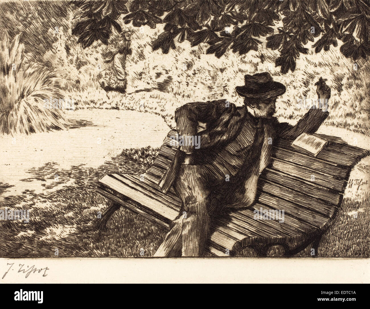 James Jacques Joseph Tissot (Französisch, 1836-1902), Denoisel Reading im Garten, 1882, Radierung auf Papier Vélin Stockfoto