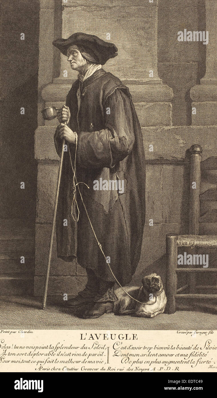 Pierre Louis de Surugue nach Jean Siméon Chardin (Französisch, 1710 und 1716-1772), der blinde Bettler, Gravur Stockfoto