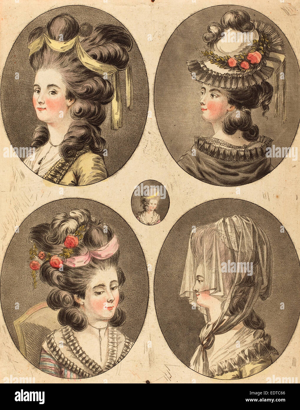 Jean-Francois Janinet (Französisch, 1752-1814), Modeles de Frisuren, Farbe Kreide Weise Radierung Stockfoto