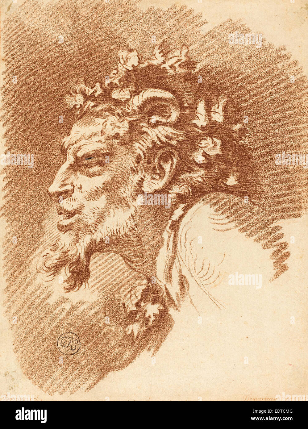 Gilles Demarteau der ältere nach François Boucher (Französisch, 1722-1776), Kopf eines Fauns, Crayon-Manier Gravur in braun Stockfoto