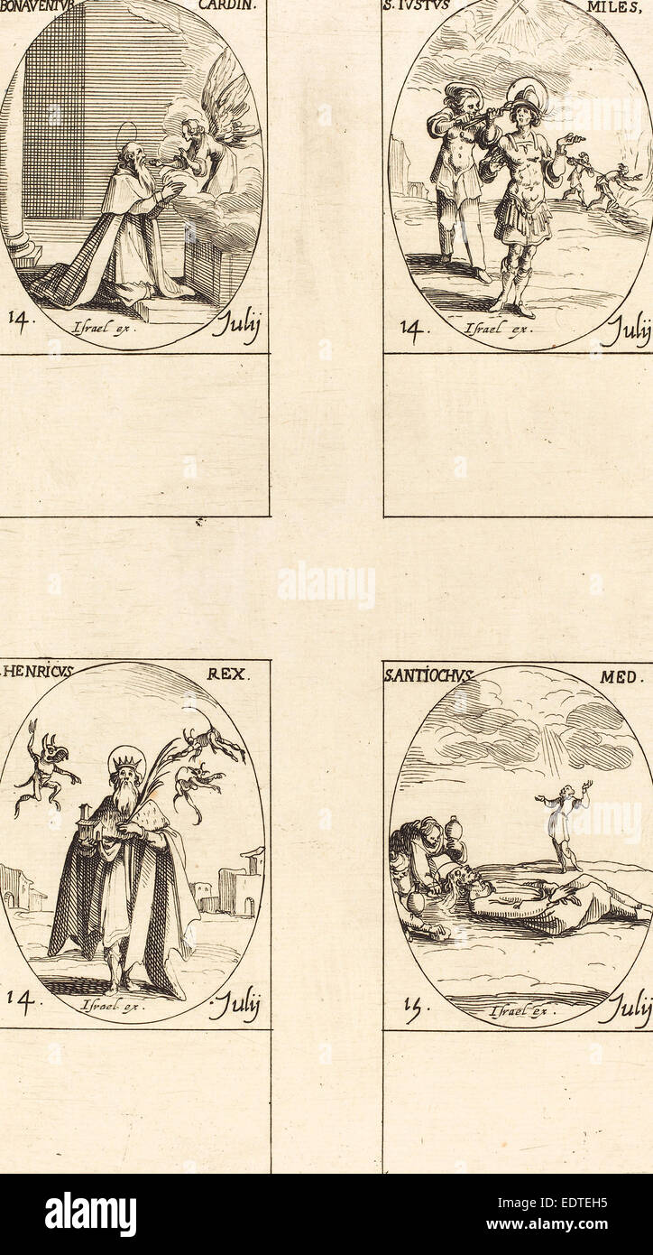 Jacques Callot (Französisch, 1592-1635), St. Bonaventura; St. Justus; St. Heinrich, Kaiser; St. Antiochus, Radierung Stockfoto