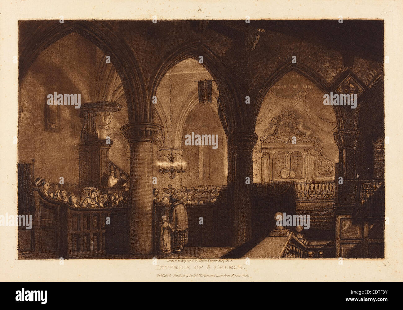 Joseph Mallord William Turner (Britisch, 1775-1851), einen Kirchenraum veröffentlicht 1819, Radierung und Schabkunst Stockfoto