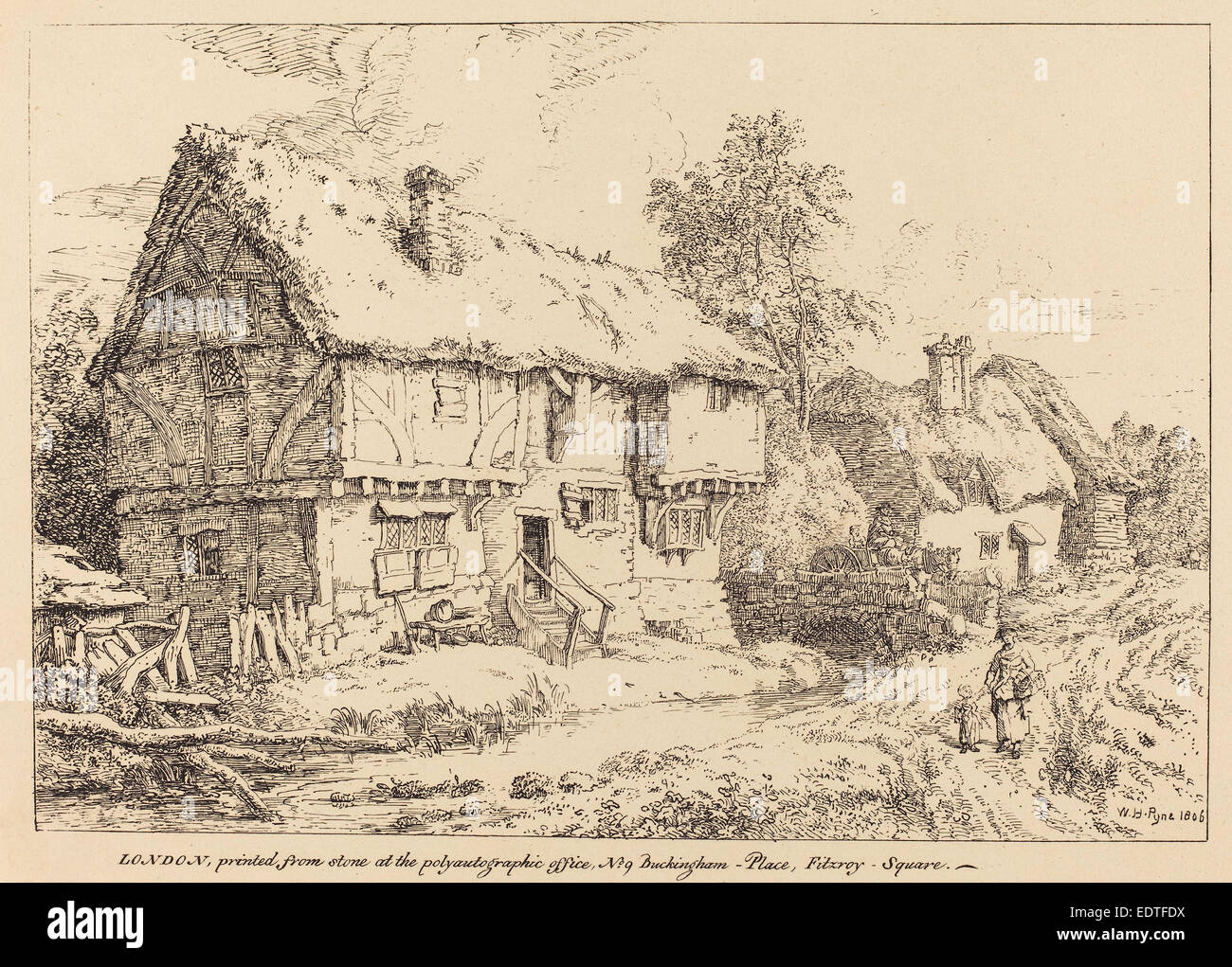 William Henry Pyne (Britisch, 1769-1843), alten Hütten, 1806, Feder und Tusche Lithographie Stockfoto