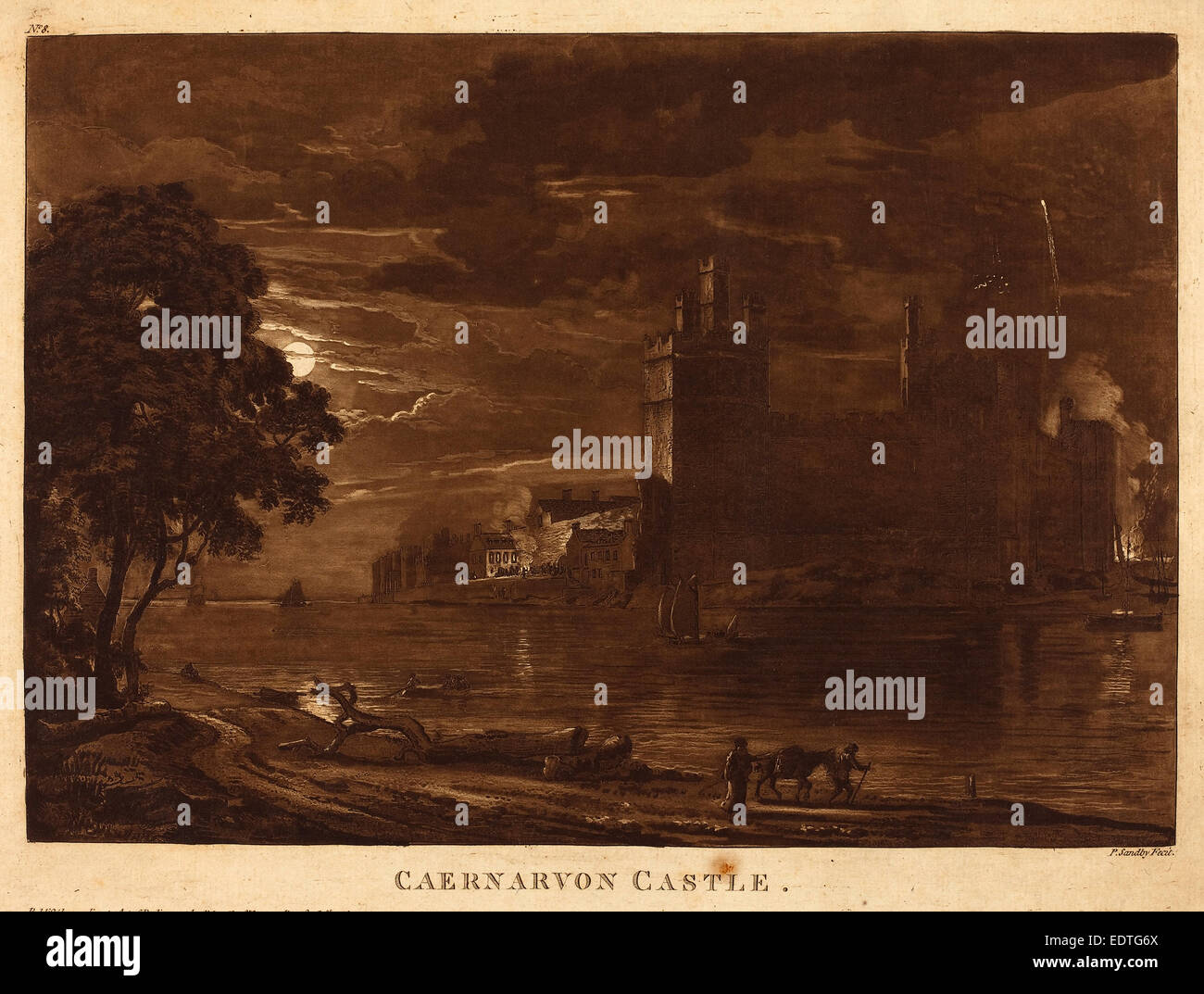Paul Sandby (Britisch, 1731-1809), Caernarvon Castle, 1776, Radierung und Aquatinta in braun auf Bütten Stockfoto