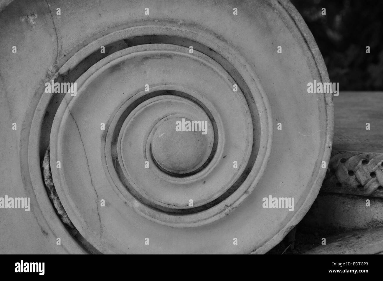 Detail der alten griechischen ionischen Ordnung Marmorsäule. Spirale Form schwarz und weiß. Stockfoto