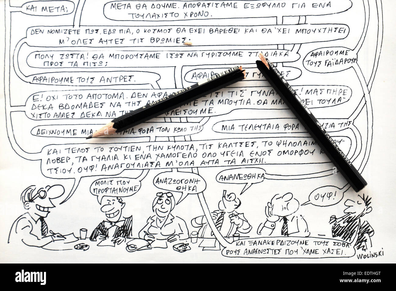 Bleistift und Comics von Karikaturist und Schriftsteller Georges Wolinski (1934 – 2015) Opfer des Terroranschlags auf Charlie Hebdo gebrochen Stockfoto