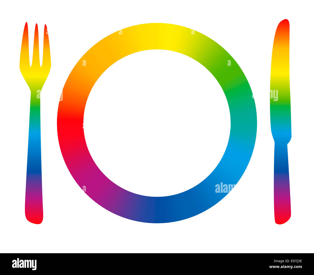 Regenbogenfarbenen Gedeck als Symbol für Spaß beim Abendessen. Stockfoto