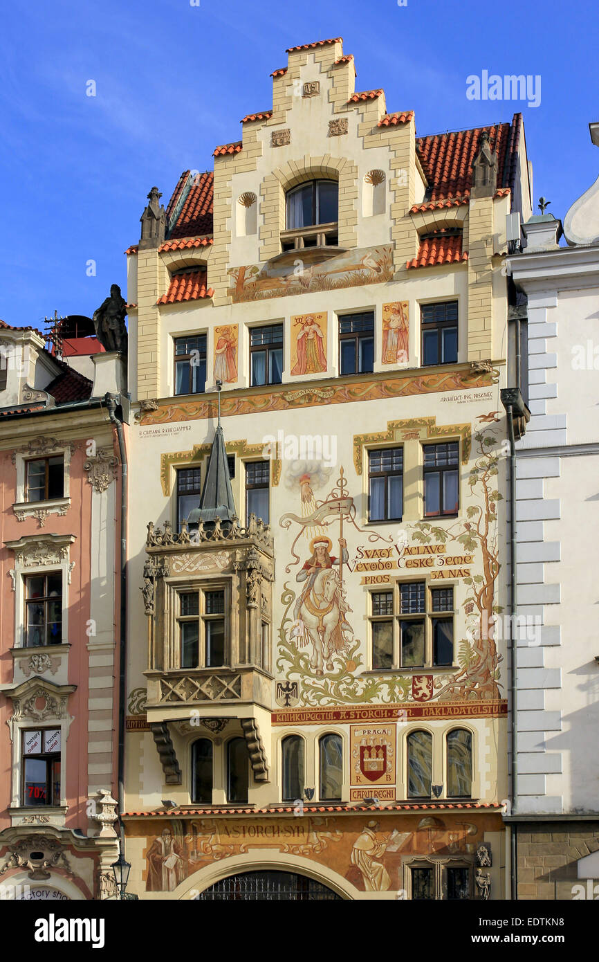 Storch-Haus, Auch Haus Zur Steinernen Jungfrau bin Altstädter Ring in Prag, Tschechische Republik, Storch-Haus, auch Heimat der s Stockfoto