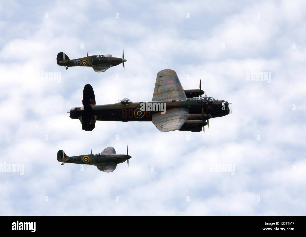Schlacht of Britain Memorial Flight in Goodwood, West Sussex, bestehend aus Lancaster, Spitfire und Hurricane Stockfoto