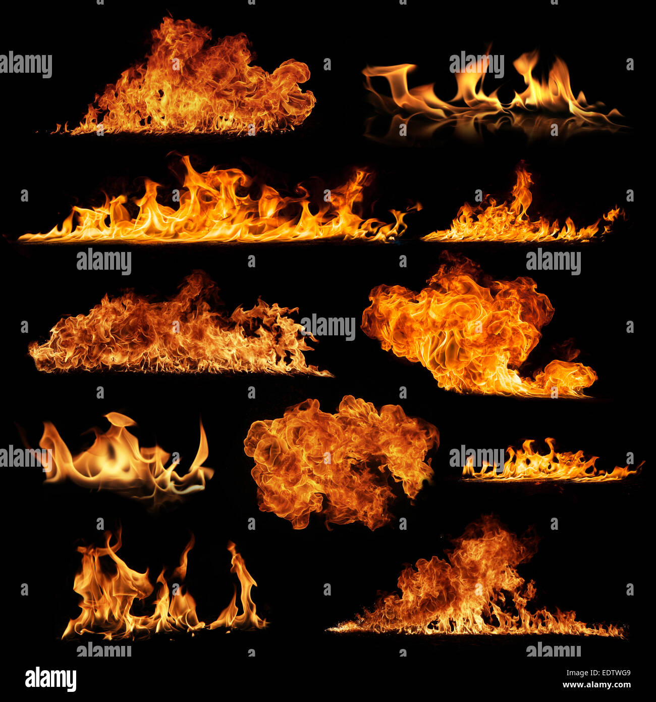 Hohe Auflösung Feuer Sammlung isoliert Ob schwarzen Hintergrund Stockfoto