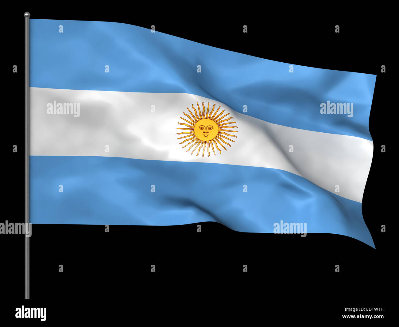 Wehende argentinische Flagge auf schwarzem Hintergrund isoliert Stockfoto