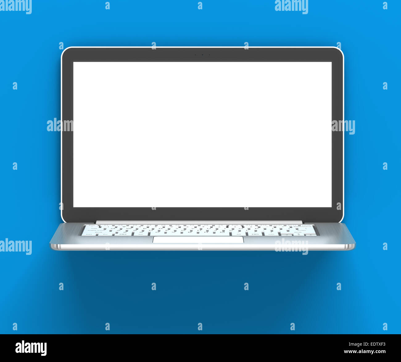 Laptop mit leeren Bildschirm gegen blaue Wand, 3d Rendern Stockfoto
