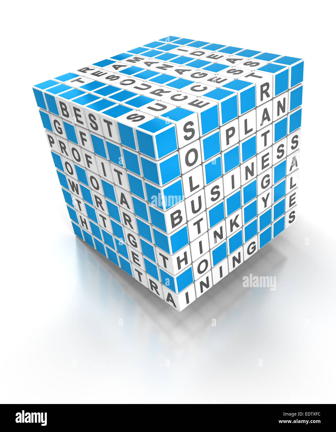 Crossword Puzzle Cube mit Geschäft Worten, 3d Rendern Stockfoto