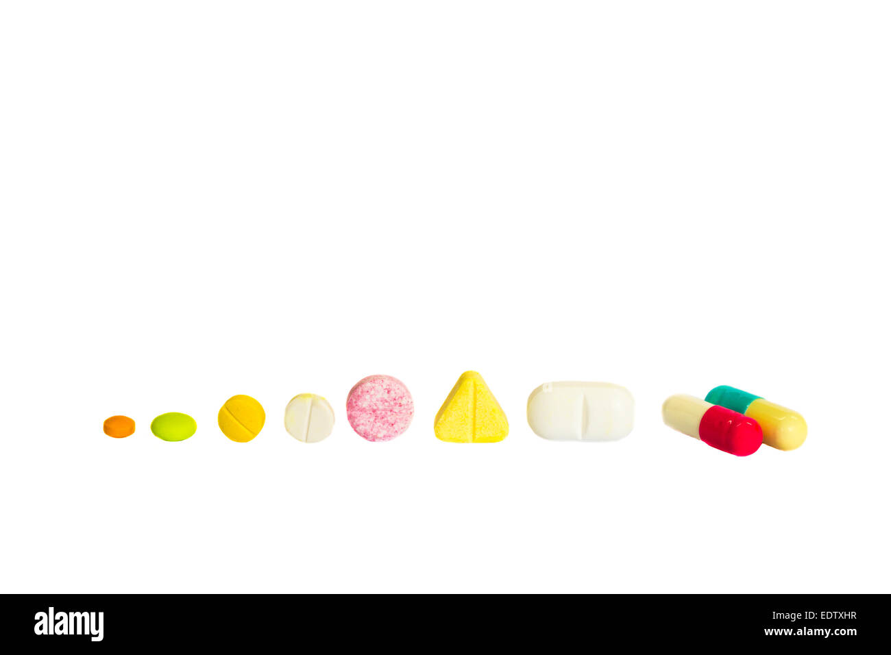 verschiedene Formen von Drogen auf weißer Hintergrund (isoliert) und leere Fläche an Oberseite Stockfoto