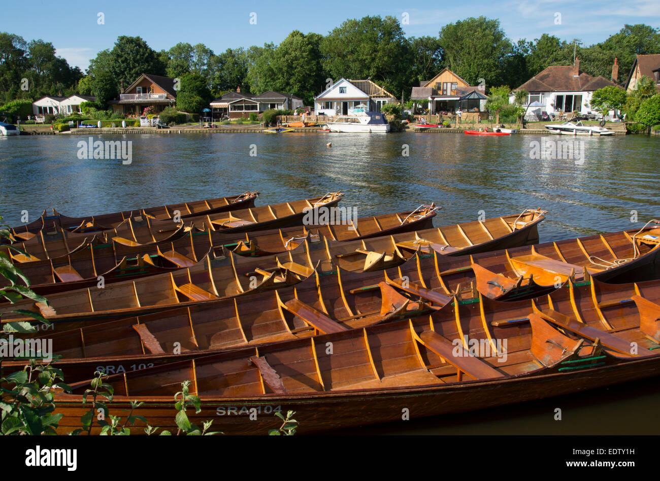 Europa, Großbritannien, England, Berkshire, Skiffs vertäut am Fluss Themse Stockfoto