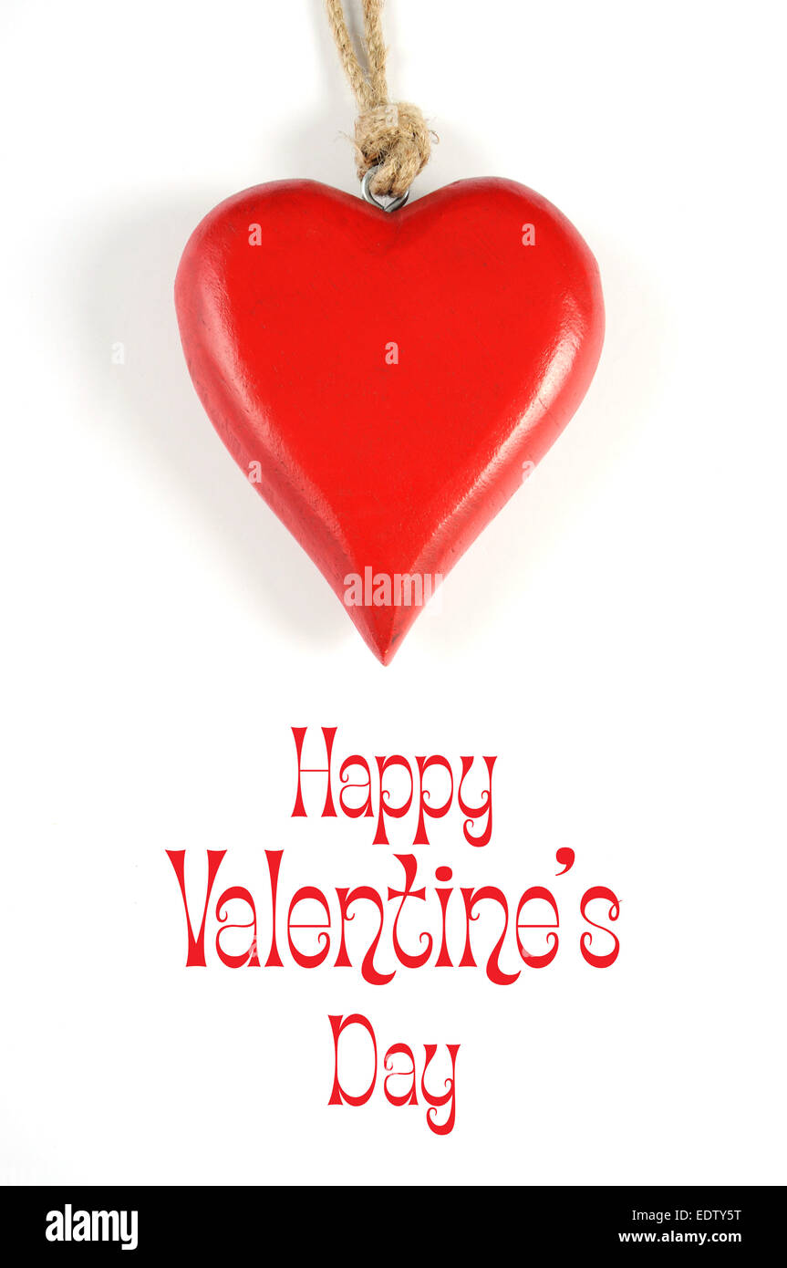 Happy Valentines Day hängen rotes Holz-Herz mit Happy Valentines Day Beispieltext Gruß Nachricht. Stockfoto