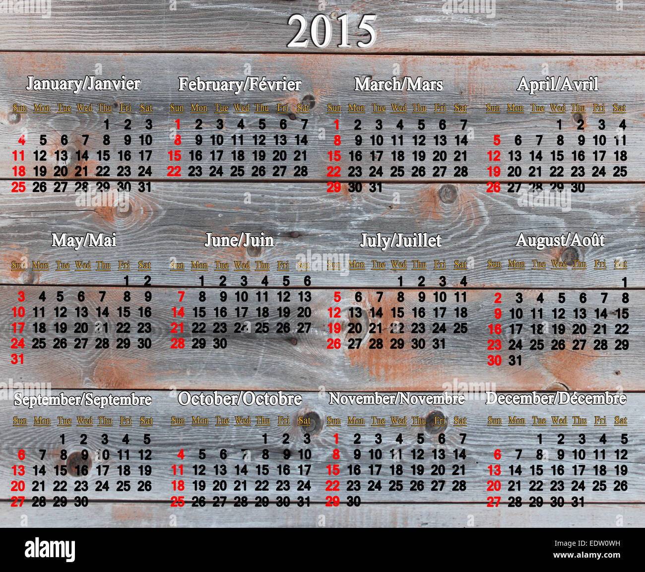 gewohnten Office Kalender für das Jahr 2015 auf die hölzerne Struktur Stockfoto