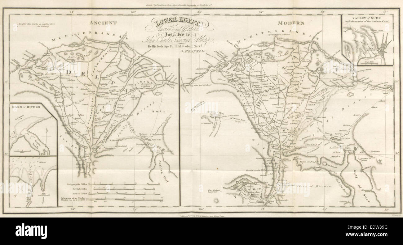 Eine Karte von Niederägypten aus dem Jahr 1821, die die alte und moderne Geographie der Region beschreibt. Es bietet einen Einblick in die historische Landschaft und die wichtigsten Orte während der antiken Zivilisation Ägyptens sowie Veränderungen in der Geographie bis zum 19. Jahrhundert. Stockfoto