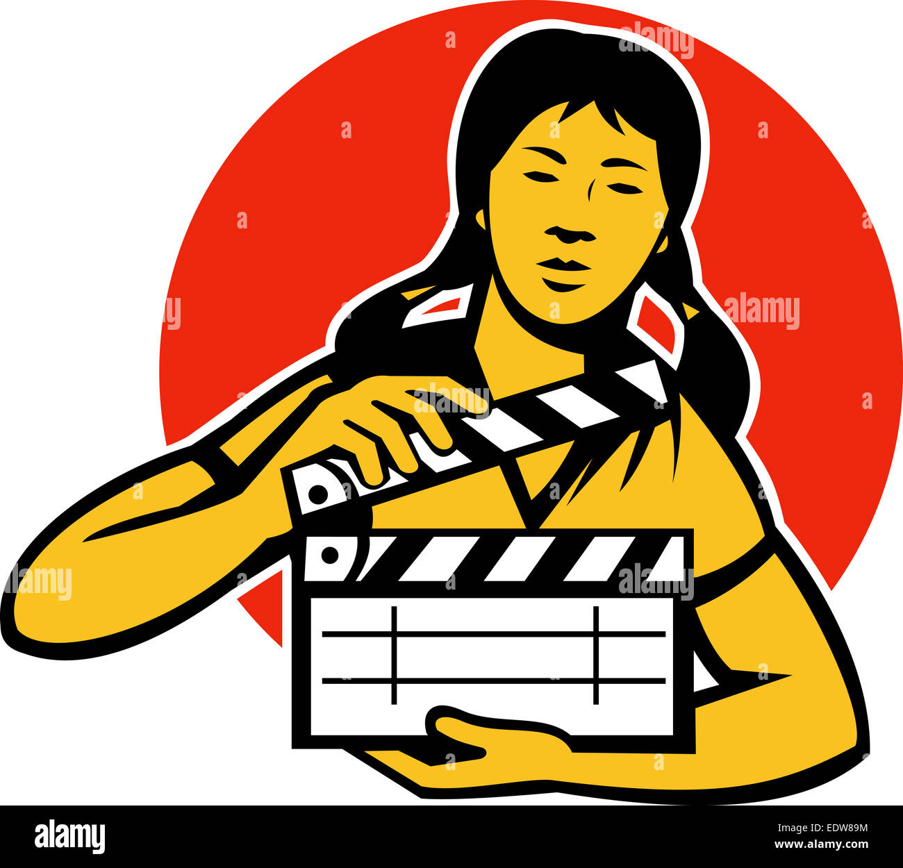 Abbildung eines asiatischen Filmcrew Frau Mädchen mit Film Schindeln Klöppel von vorne im inneren Kreis getan im retro-Stil angezeigt. Stockfoto