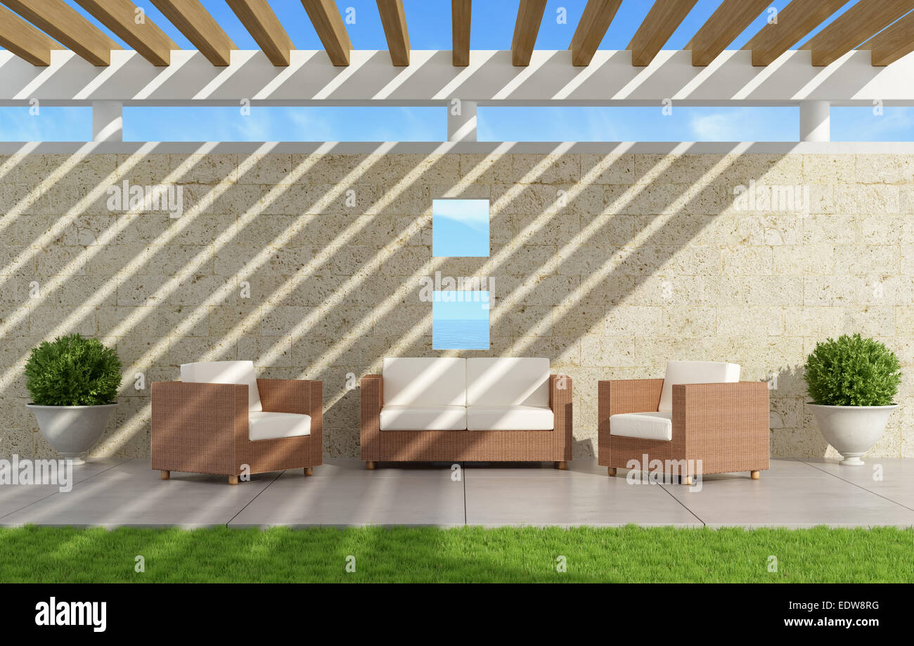 Garten mit Sofas und Sesseln unter einer Pergola - 3D Rendering Stockfoto