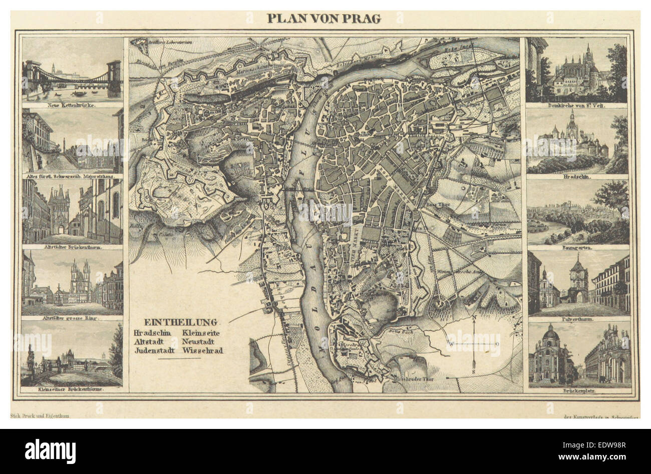 Plan von Prag aus BECHSTEIN (1845), Seite 624, der die Stadt Prag in einem detaillierten historischen Kartenformat darstellt. Stockfoto Plan von Prag aus BECHSTEIN (1845), Seite 624, der die Stadt Prag in einem detaillierten historischen Kartenformat darstellt. Stockfoto
