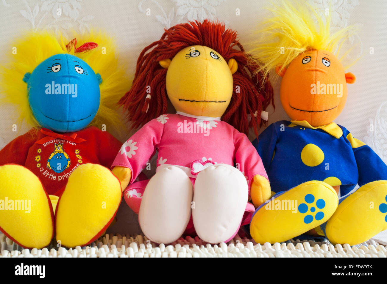 Tweenies Jake, Bella und Fizz Charaktere weiche Kuscheltiere Puppen - Spielzeugpuppe Stockfoto